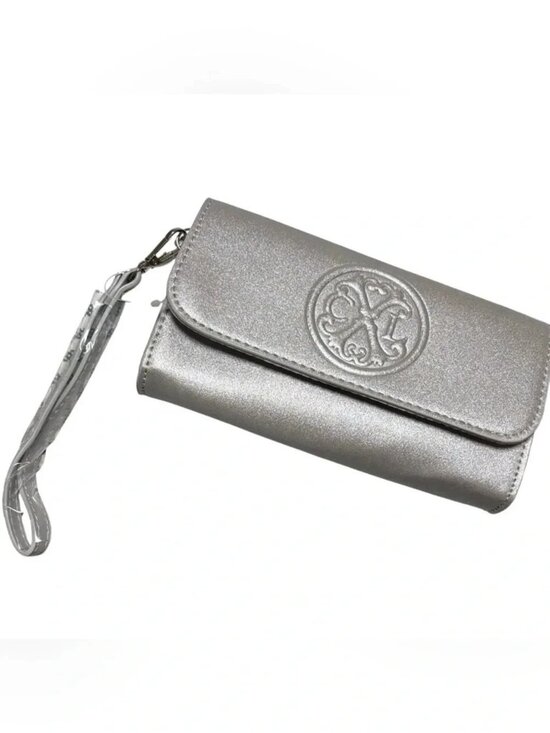 CXL by Christian Lacroix Handbags - CXL by Christian Lacroix Metallic Silver Embossed Logo Clutch/Wristlet